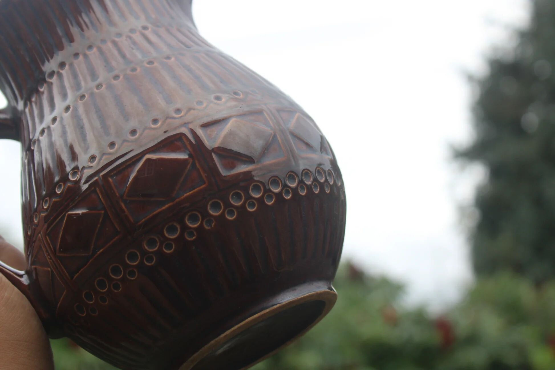 Superb vintage Digoin Sarreguemines jug in brown glazed ceramic.