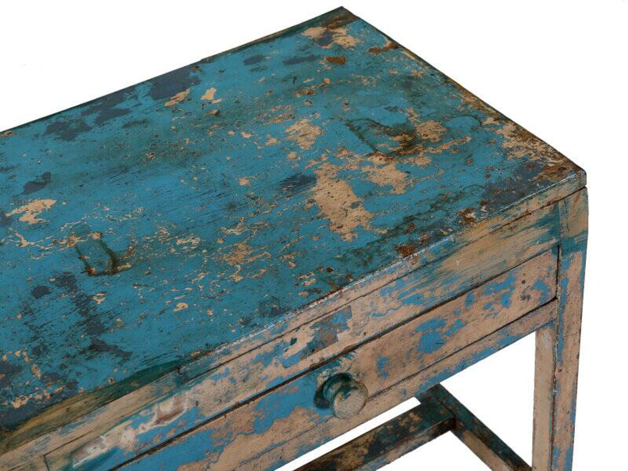 Blue console table old indian desk with patina teak wood drawer and original piece
