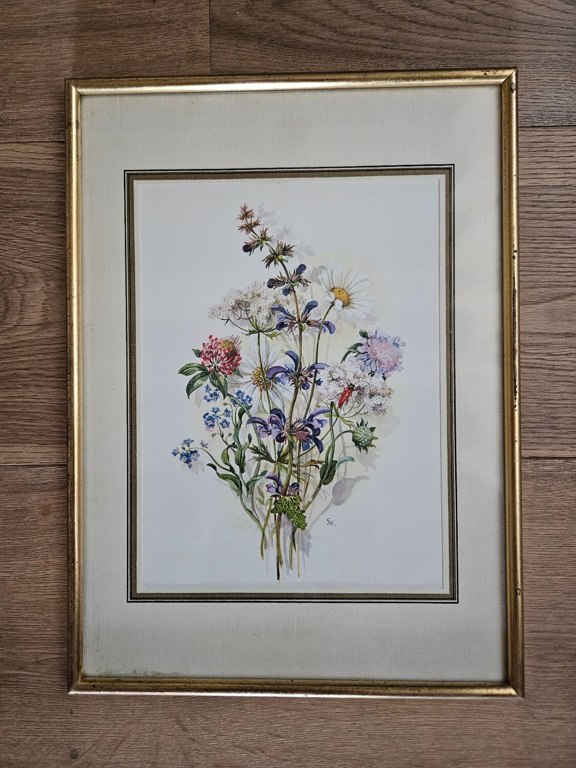 Lithographie bouquet de fleurs sauvages sous cadre doré
