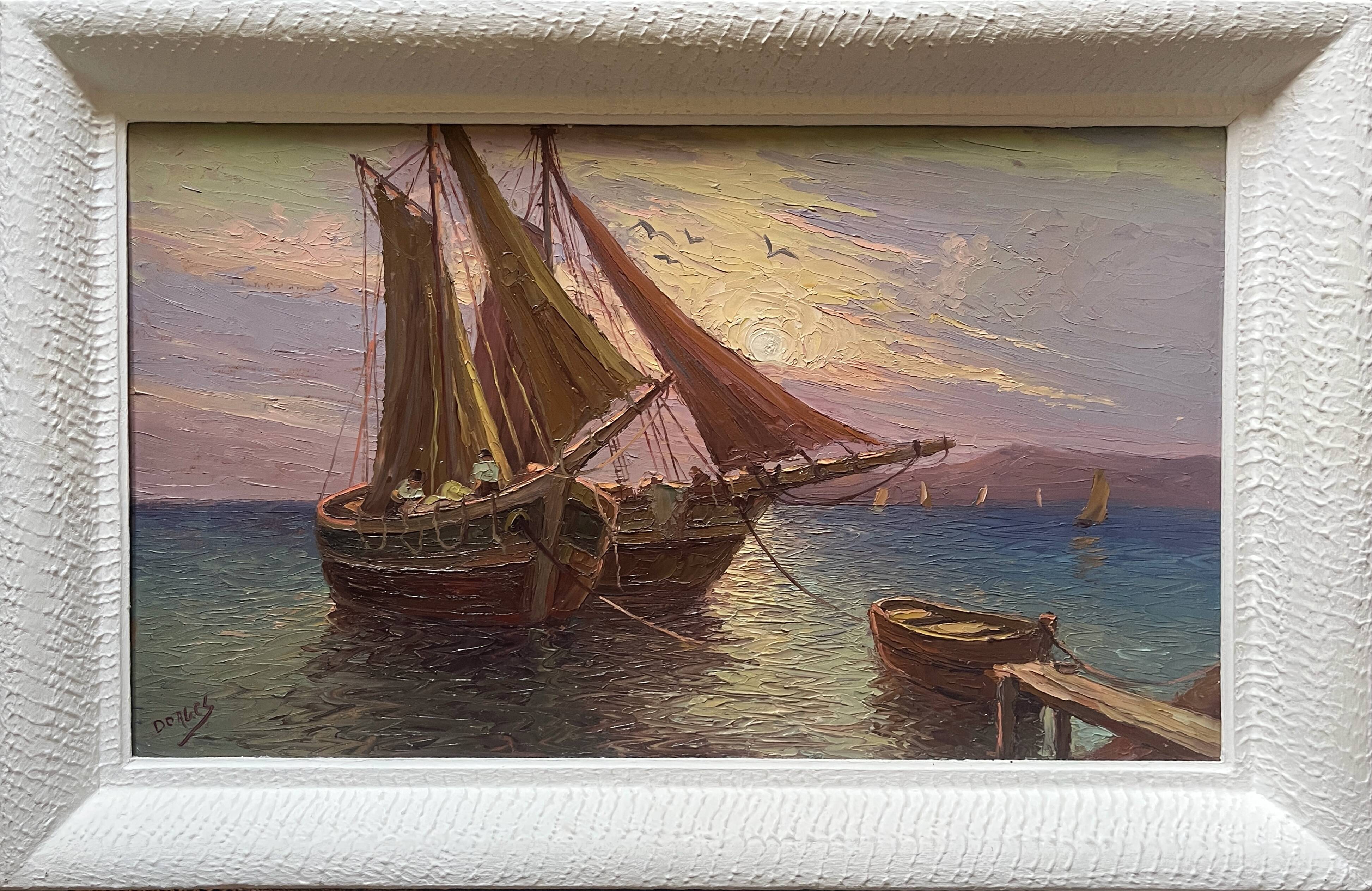 Tableau HSP "Mediterranean Sea" sailing boats in the port signed Dorges