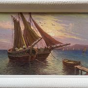 Tableau HSP "Mediterranean Sea" sailing boats in the port signed Dorges