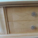 Pair of vintage bedside tables in raw wood, mirrored tops.