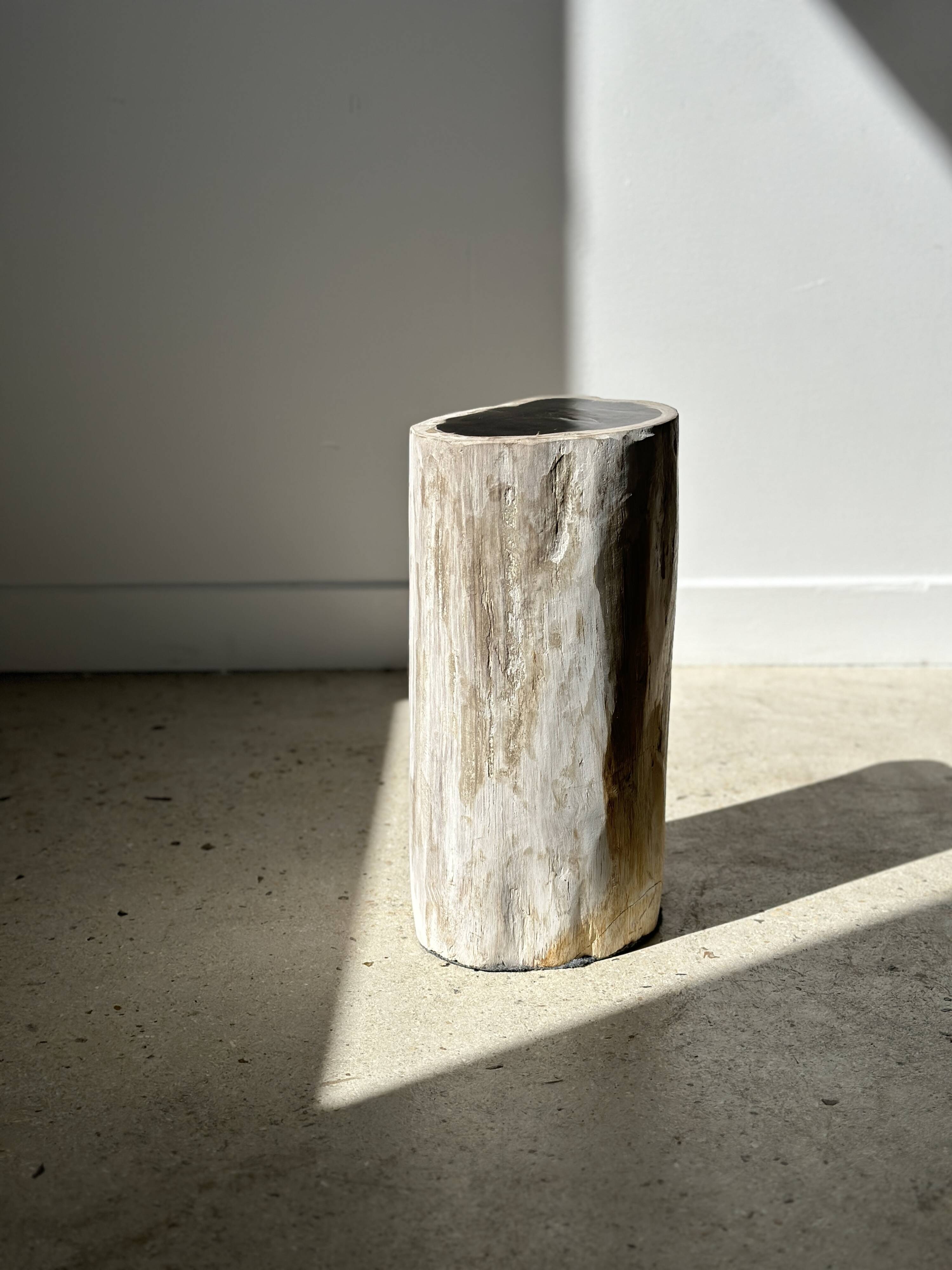 Petrified wood side table white tower black heart H:36cm D:17cm