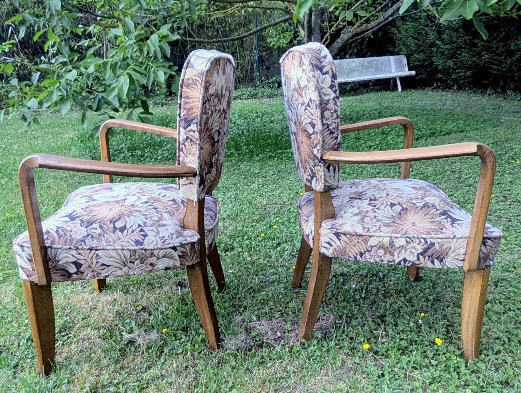 Paire de fauteuils bridge Art déco en bois massif, années 40-50