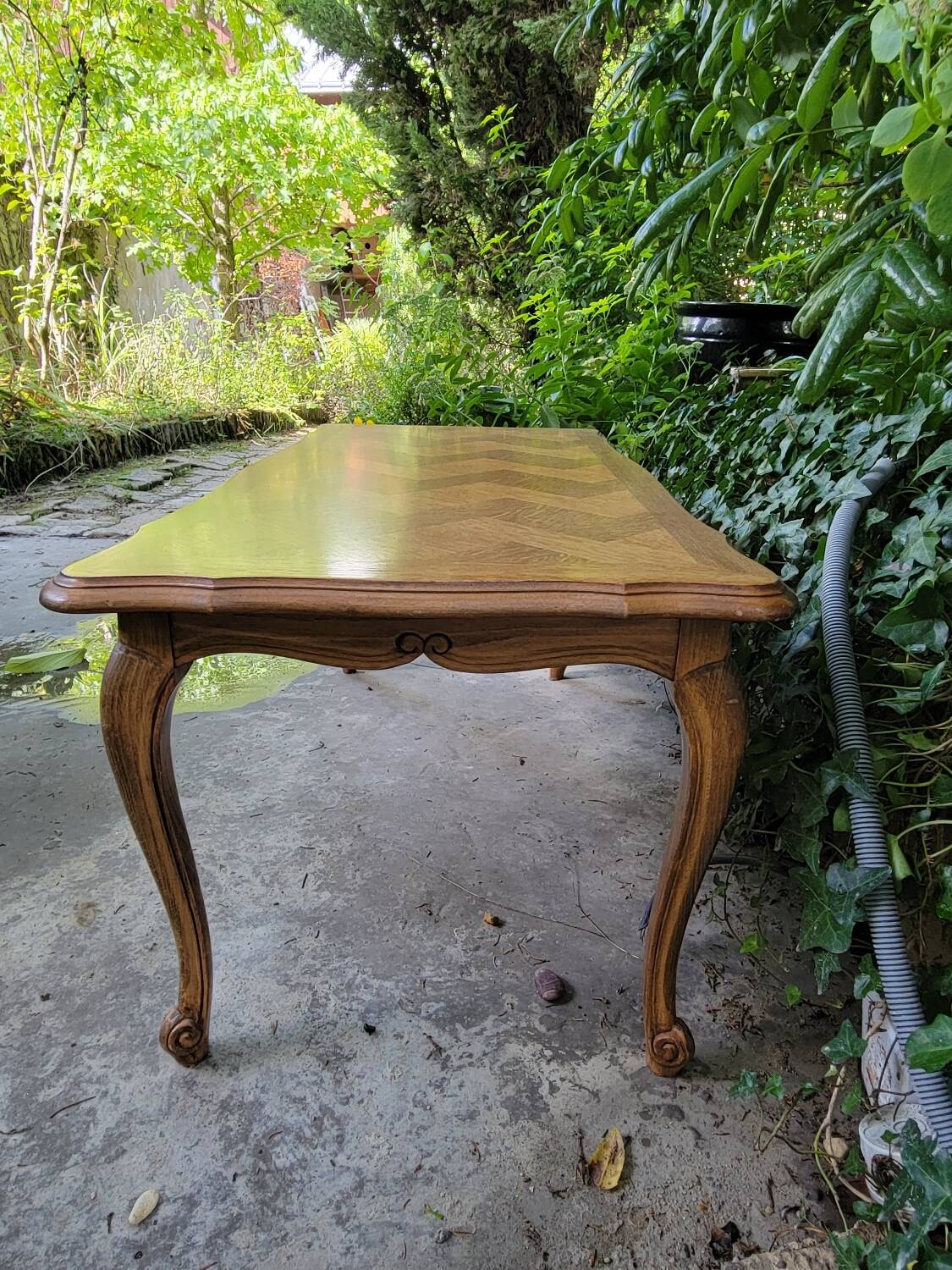 Louis XV coffee table in oak and cherry marquetry.