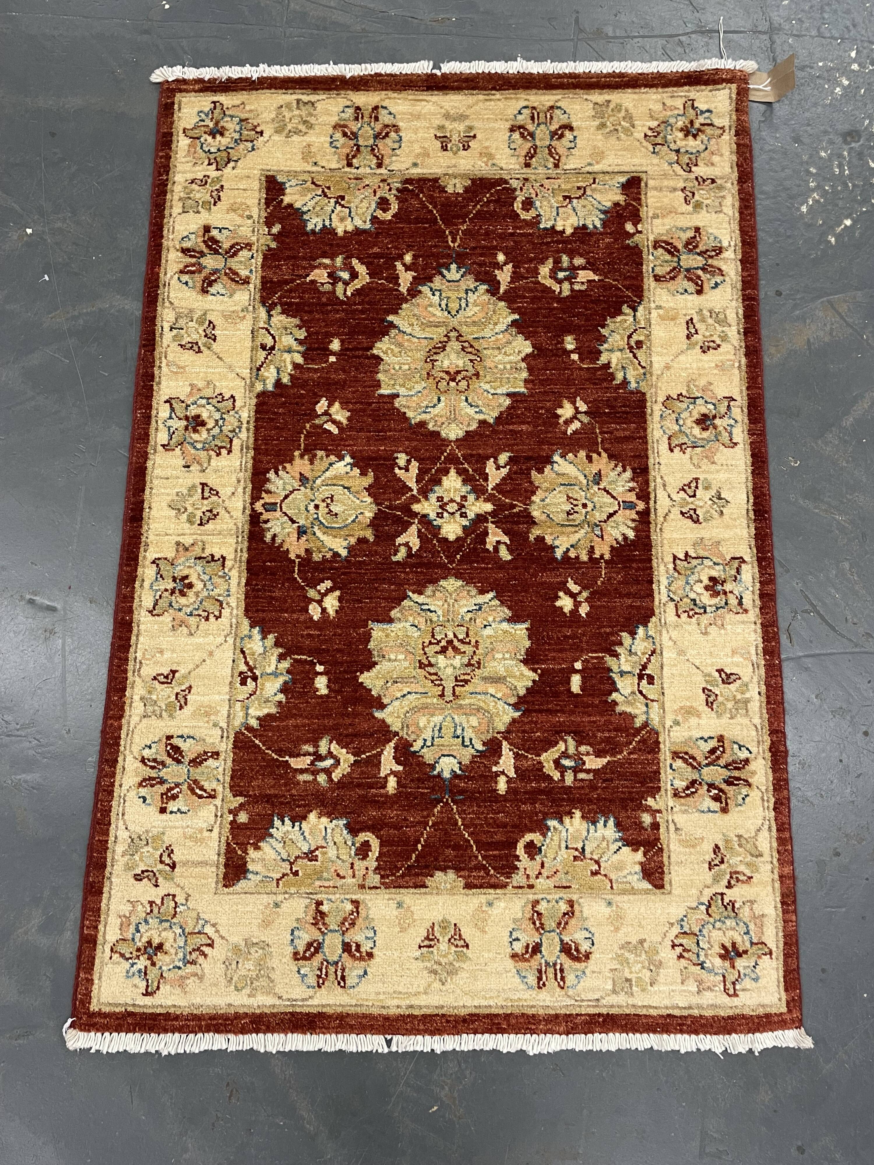 Red Gold Wool Rug, Handmade Floral Oriental Carpet 121x77cm Bedroom Decor