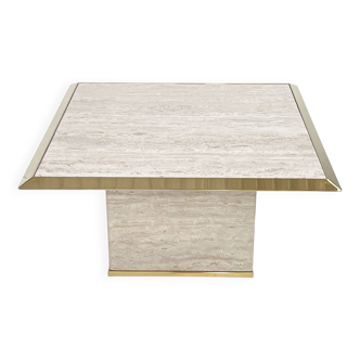 Square coffee table from the 70s in travertine and brass