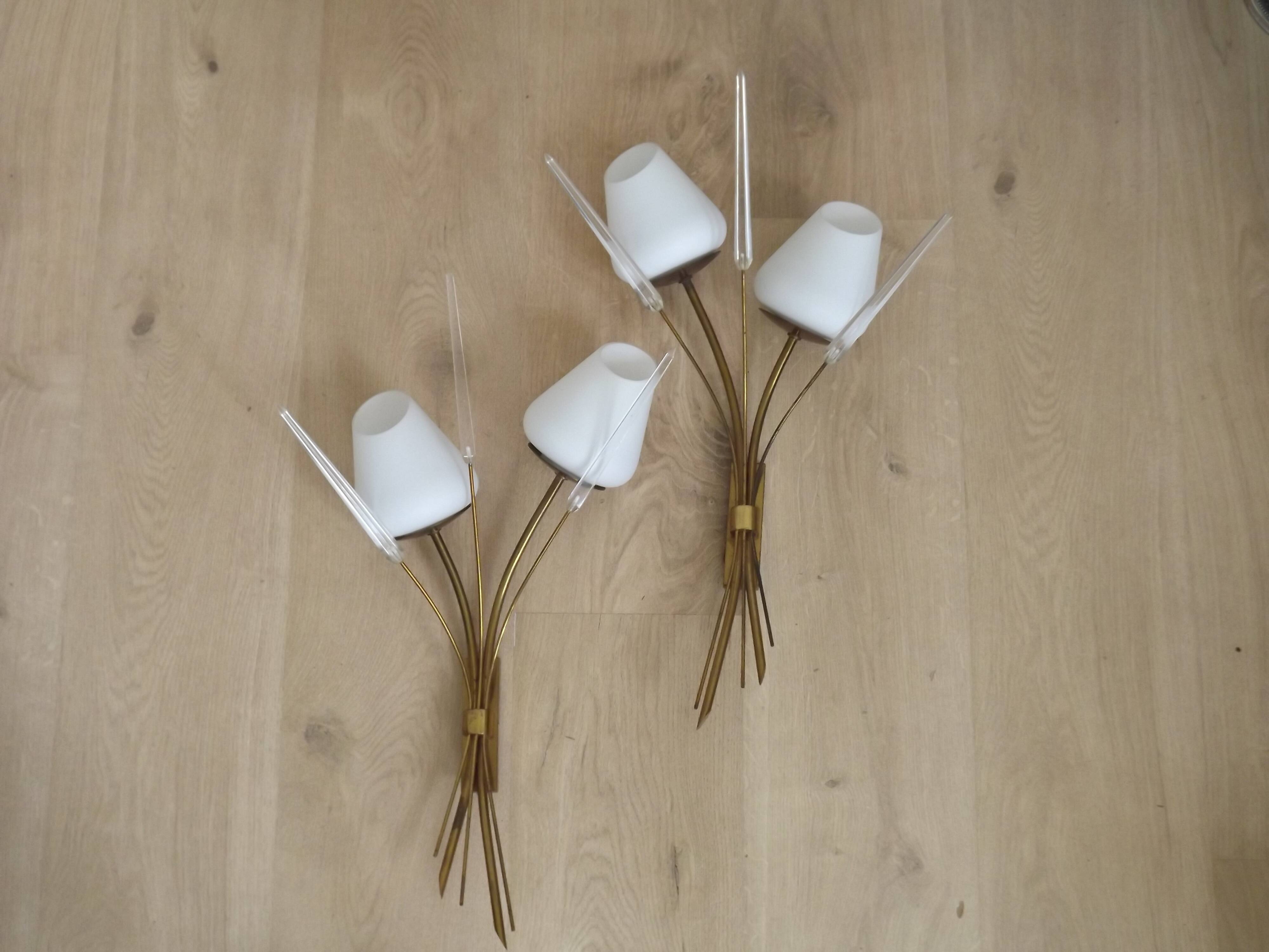 Mid-Century French Brass Sconces • Bullrush Design • Opaque Glass Shades