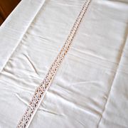 Antique country tablecloth in white woven linen vintage