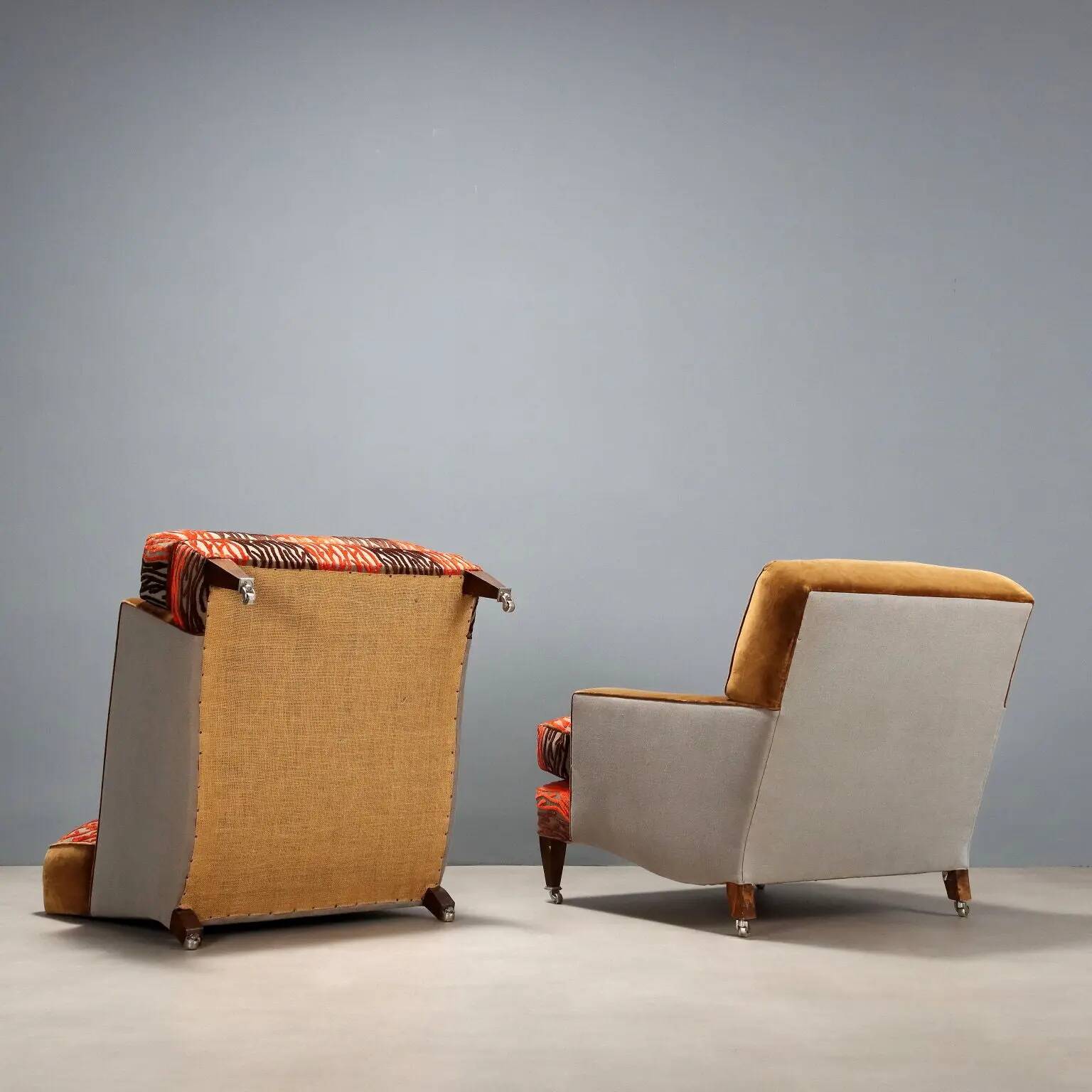 Pair of antique armchairs with velvet and fabric poufs, Italy, 20th century