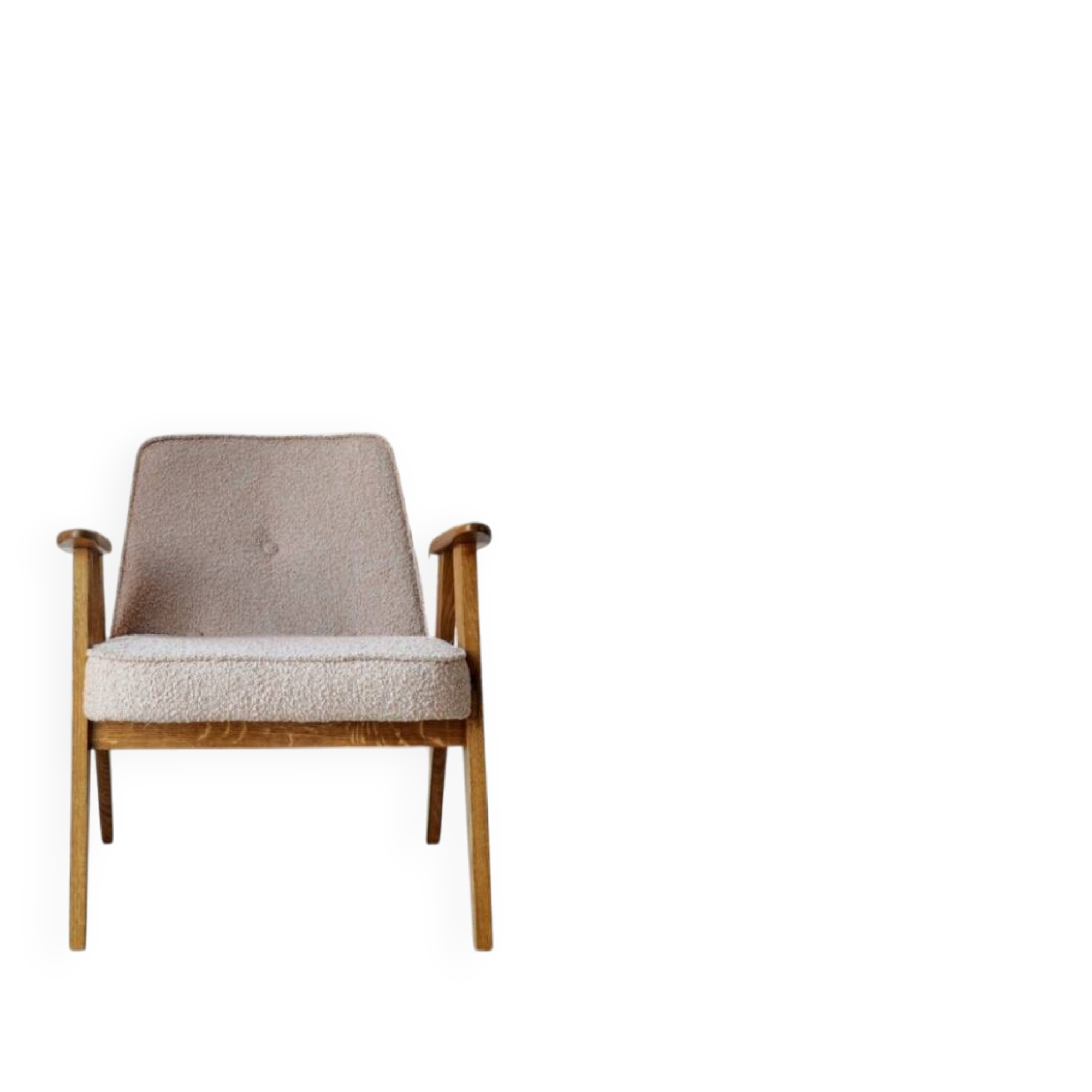 Vintage armchair in oak wood with powder pink boucle design by Chierowski.