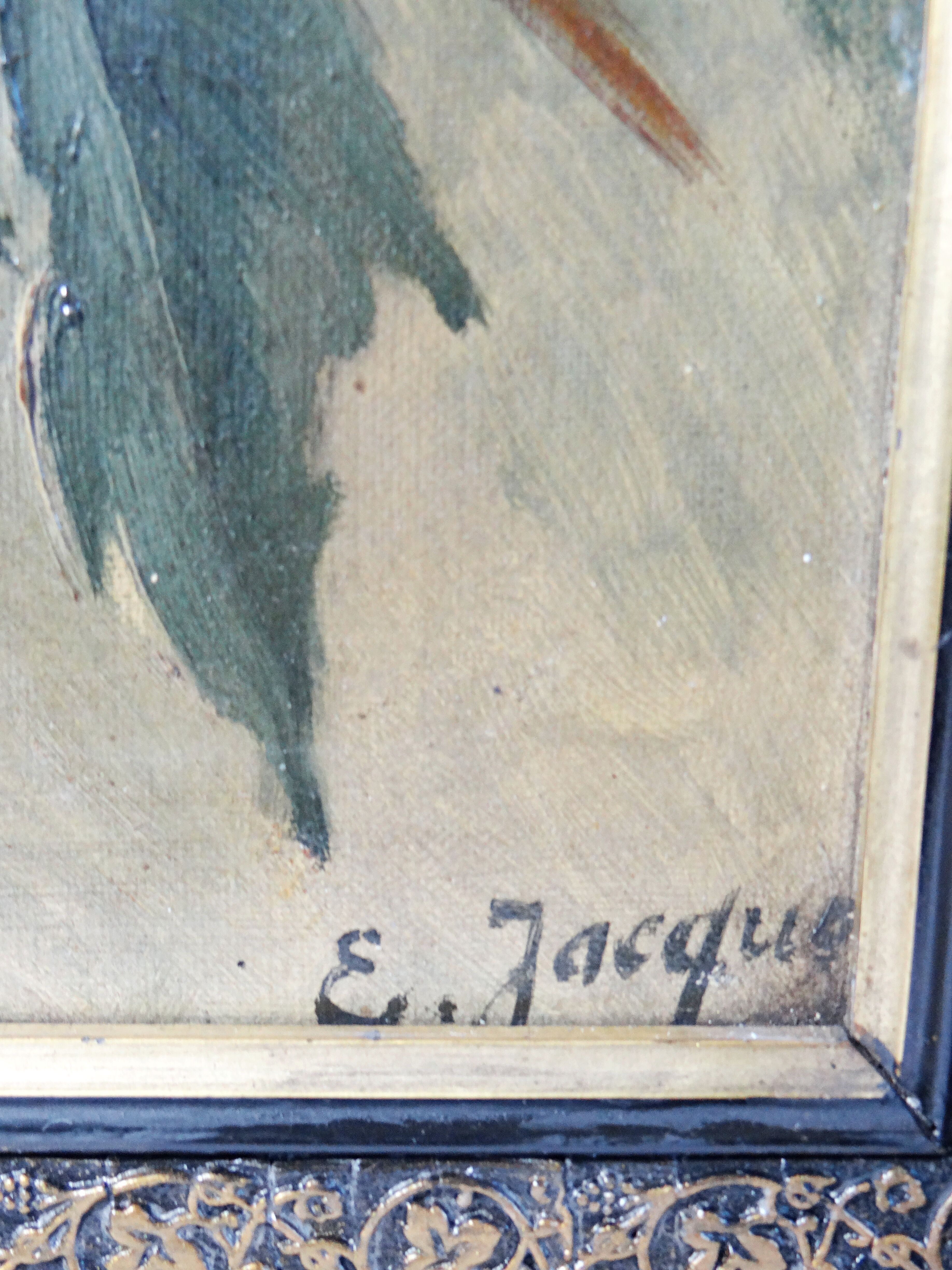 Large antique painting of peonies, signed E. Jacque, late 19th to early 20th century.
