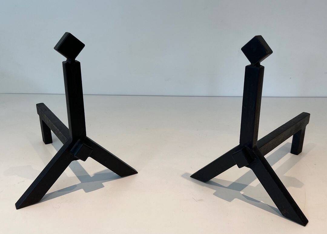 Pair of Modernist Black Iron Andirons with Diamond Finials and Angled Bases