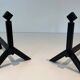 Pair of Modernist Black Iron Andirons with Diamond Finials and Angled Bases