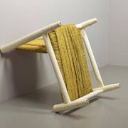 Charlotte Perriand Style Low Seat White Wicker Oak Lounge Chair and Stool