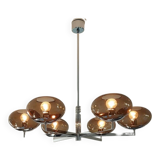 6-light chandelier by Italian designer Sciolari, chrome and smoked glass - 1970s - Vintage