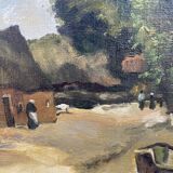Paysage alpin avec village de montagne, Début du XXe siècle, Huile sur carton, Encadré