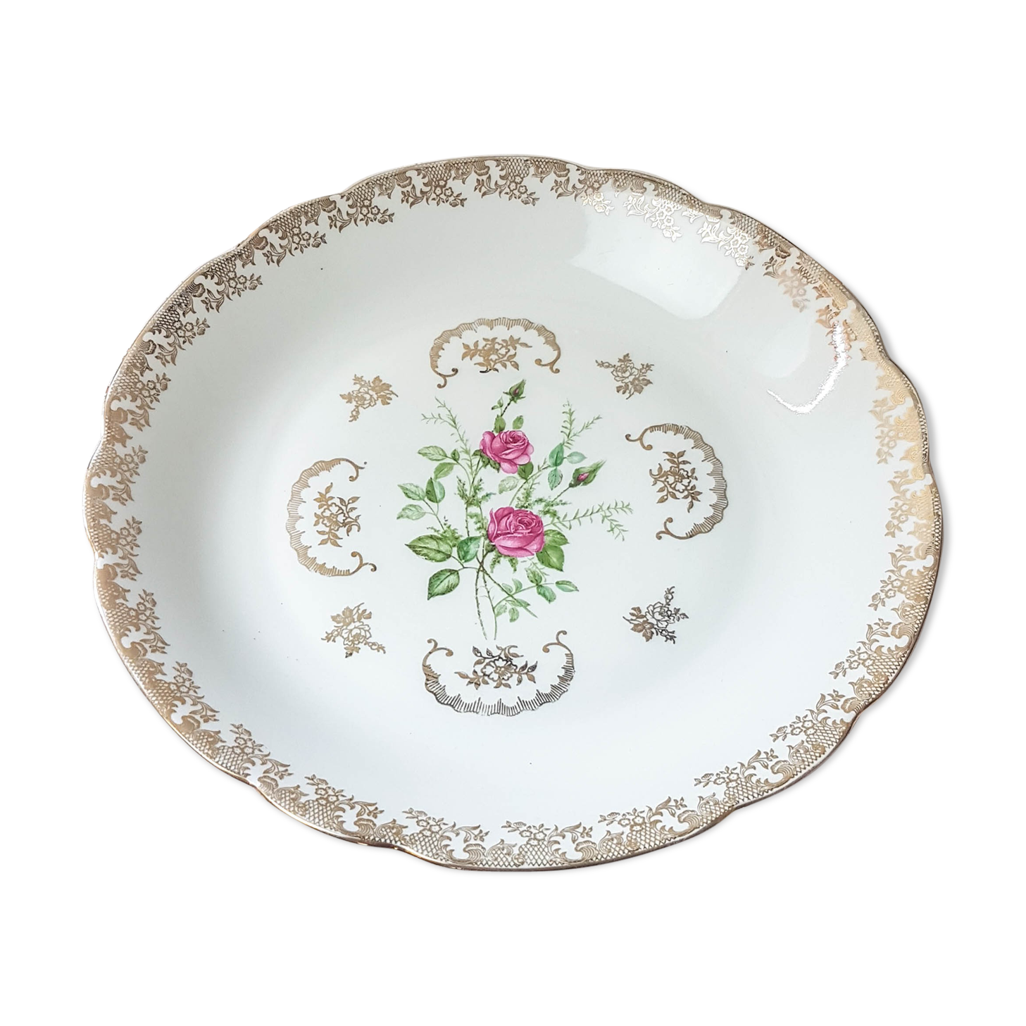 Round flat hollow Limoges FD Chauvigny White golden rose pattern