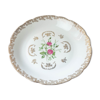 Plat rond creux Limoges FD Chauvigny blanc doré motif Rose