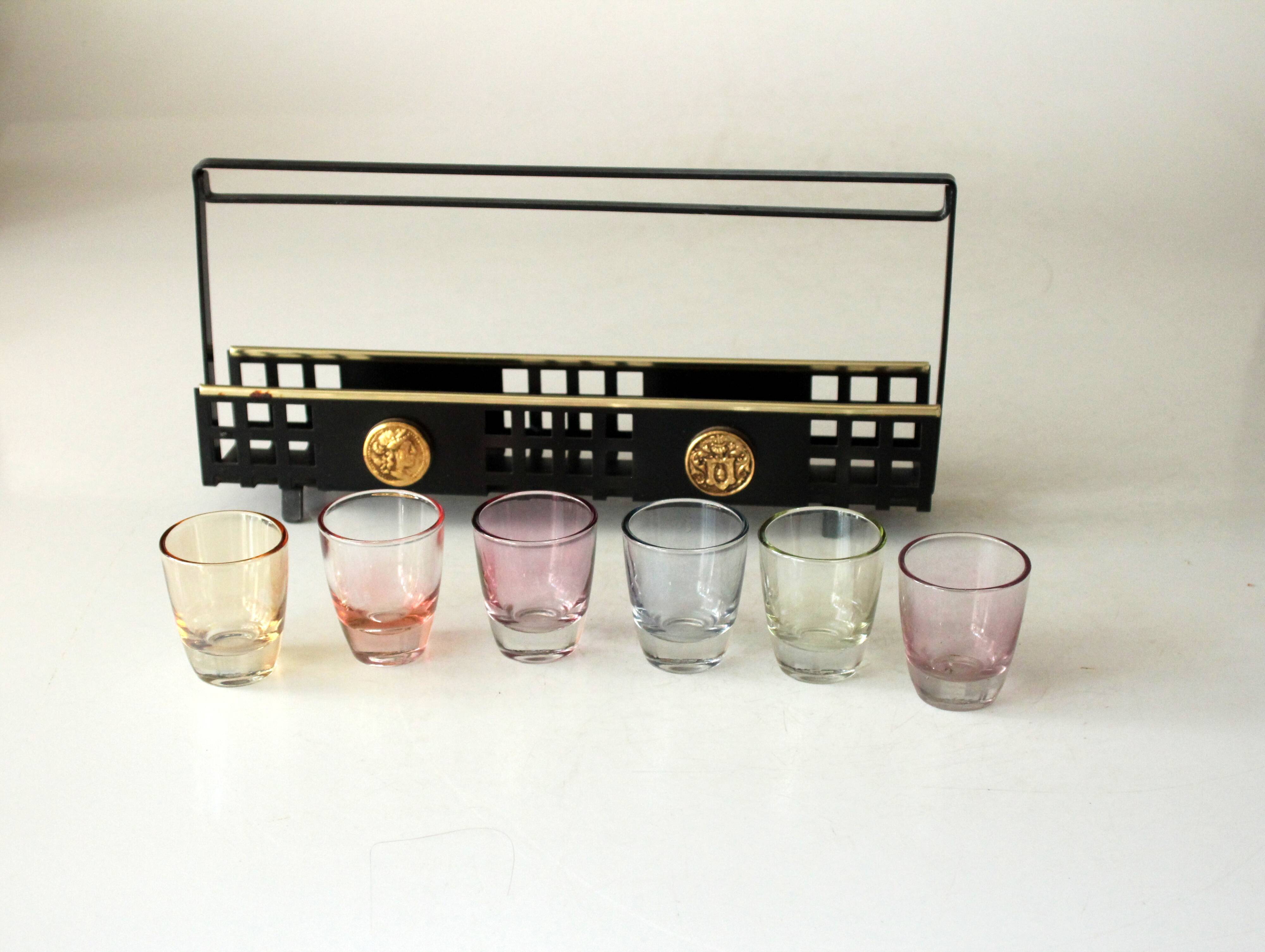 6 spirit glasses on a metal tray 1950