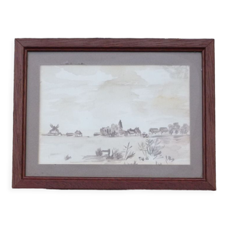 Aquarelle vintage paysage unicolore signé MLG 85