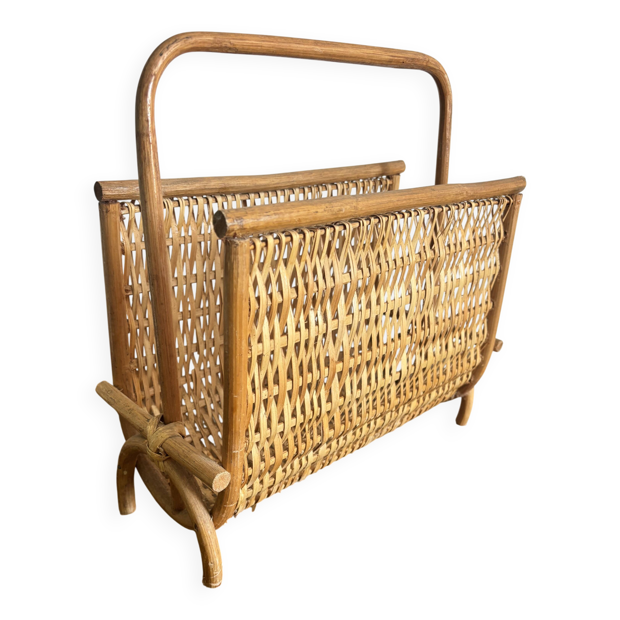 Porte-revues vintage en rotin naturel  des années 60