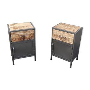 Paire de chevets en métal et bois