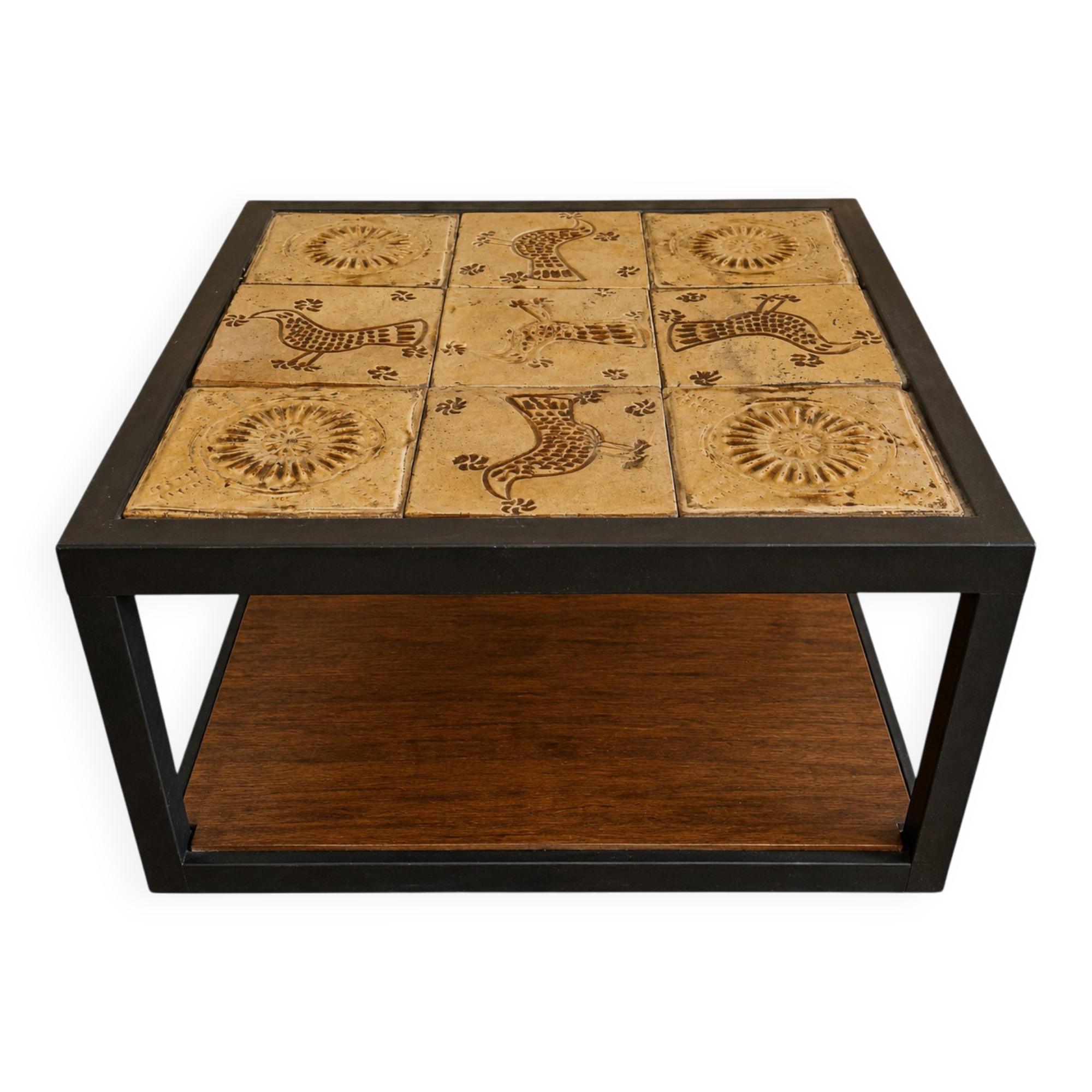 Low Table in Glazed Ceramic and Black Metal, Decorated with Stylised Birds