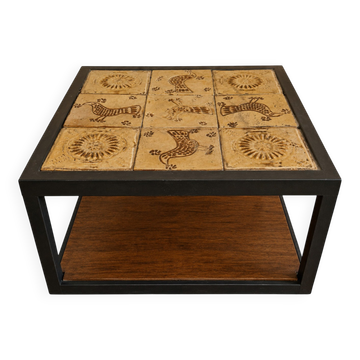 Low Table in Glazed Ceramic and Black Metal, Decorated with Stylised Birds