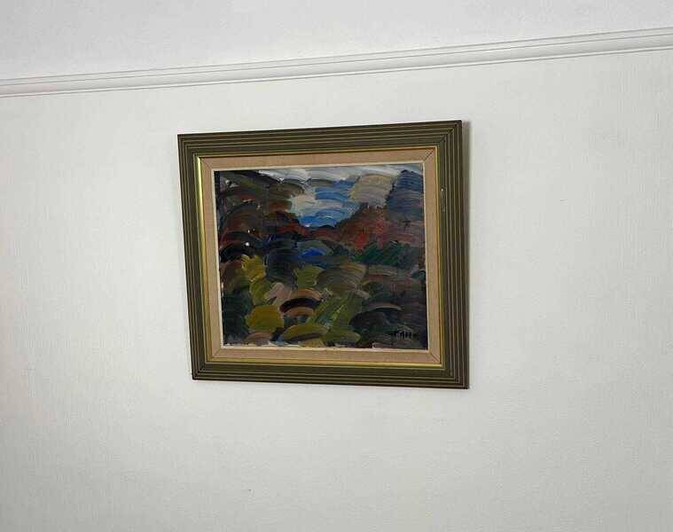 Original mid-century Swedish oil on canvas – “Scene” by Gösta Falck – vintage & framed – 73 × 64 cm