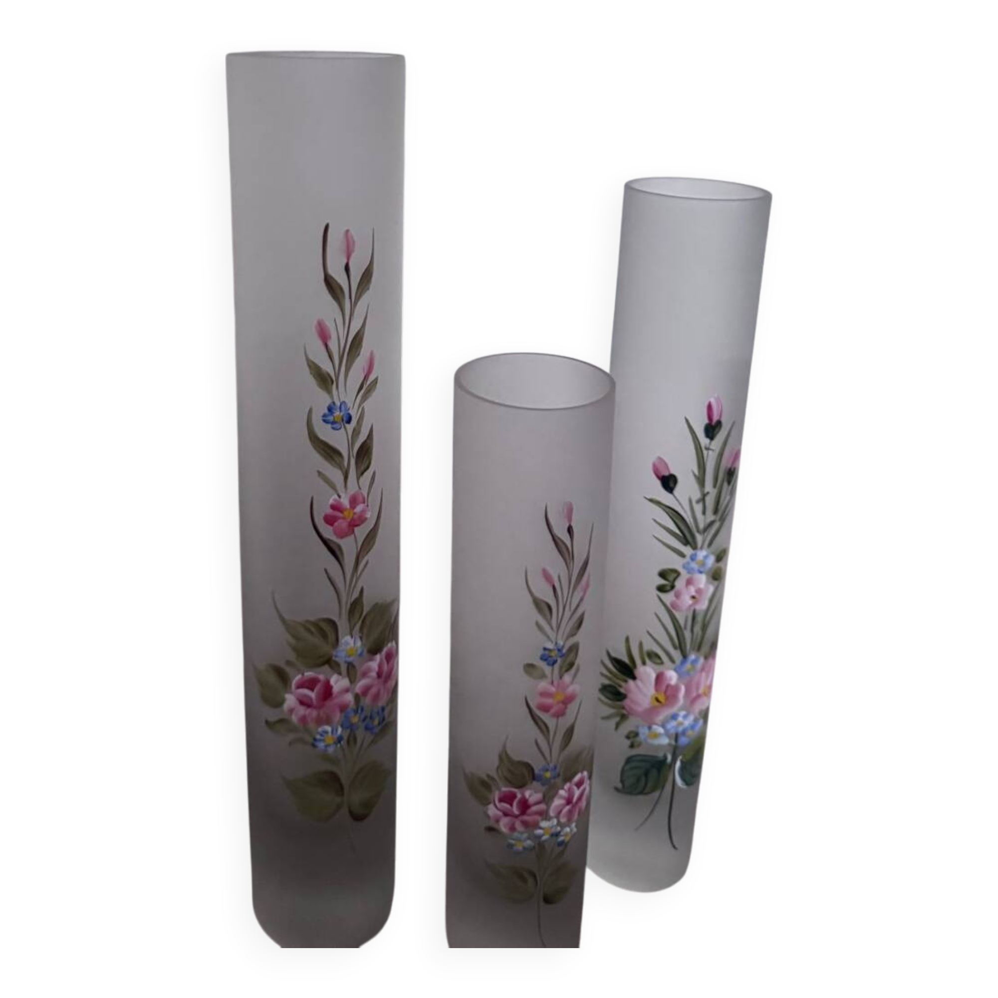 Set of 3 Hand Painted Frosted Glass Vases - Vintage Floral Style