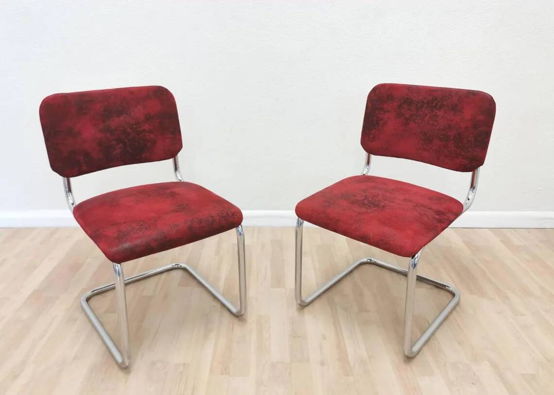 Set of 2 Dining Chair: Red Fabric, Tubular Frame, Retro 1970s