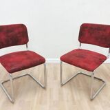 Set of 2 Dining Chair: Red Fabric, Tubular Frame, Retro 1970s