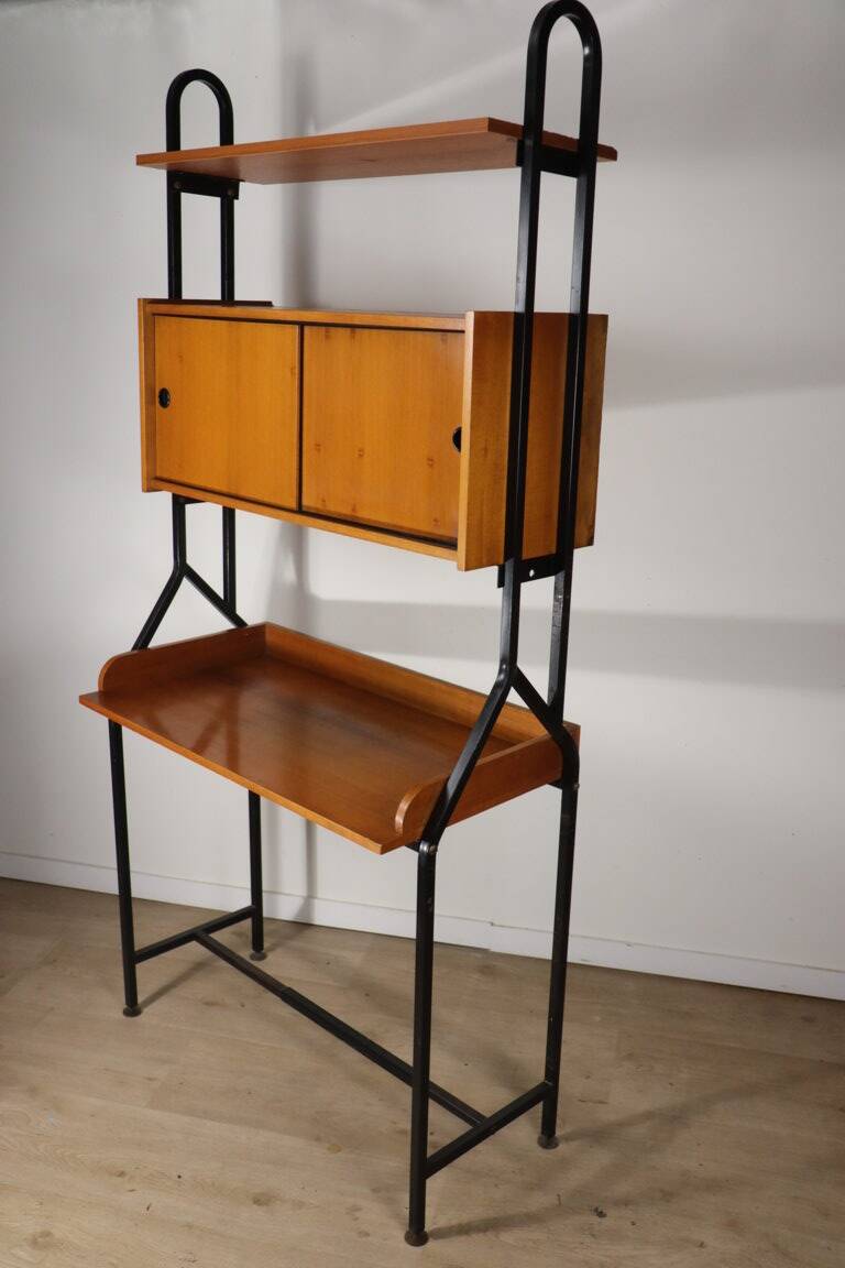 Vintage desk with modular bookcase in wood and metal, 1960