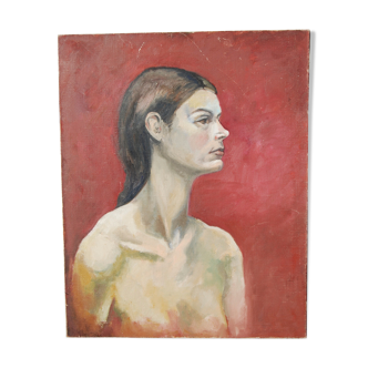 Portrait de femme, huile sur toile, peinture signée Ghioni. 65x81cm.