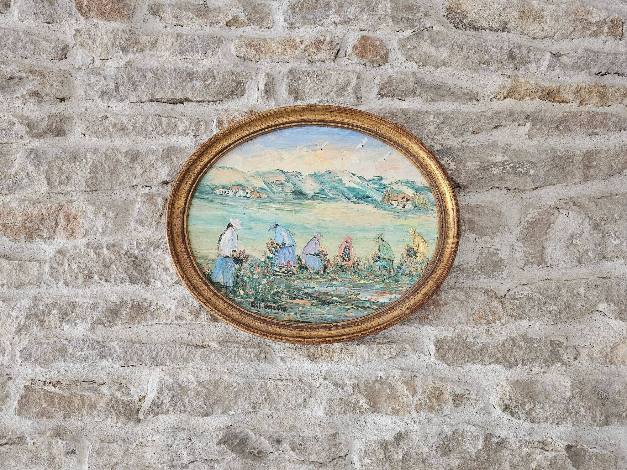 Oil Painting on Panel Landscape Flower Picking Pyrenees Gil Valota