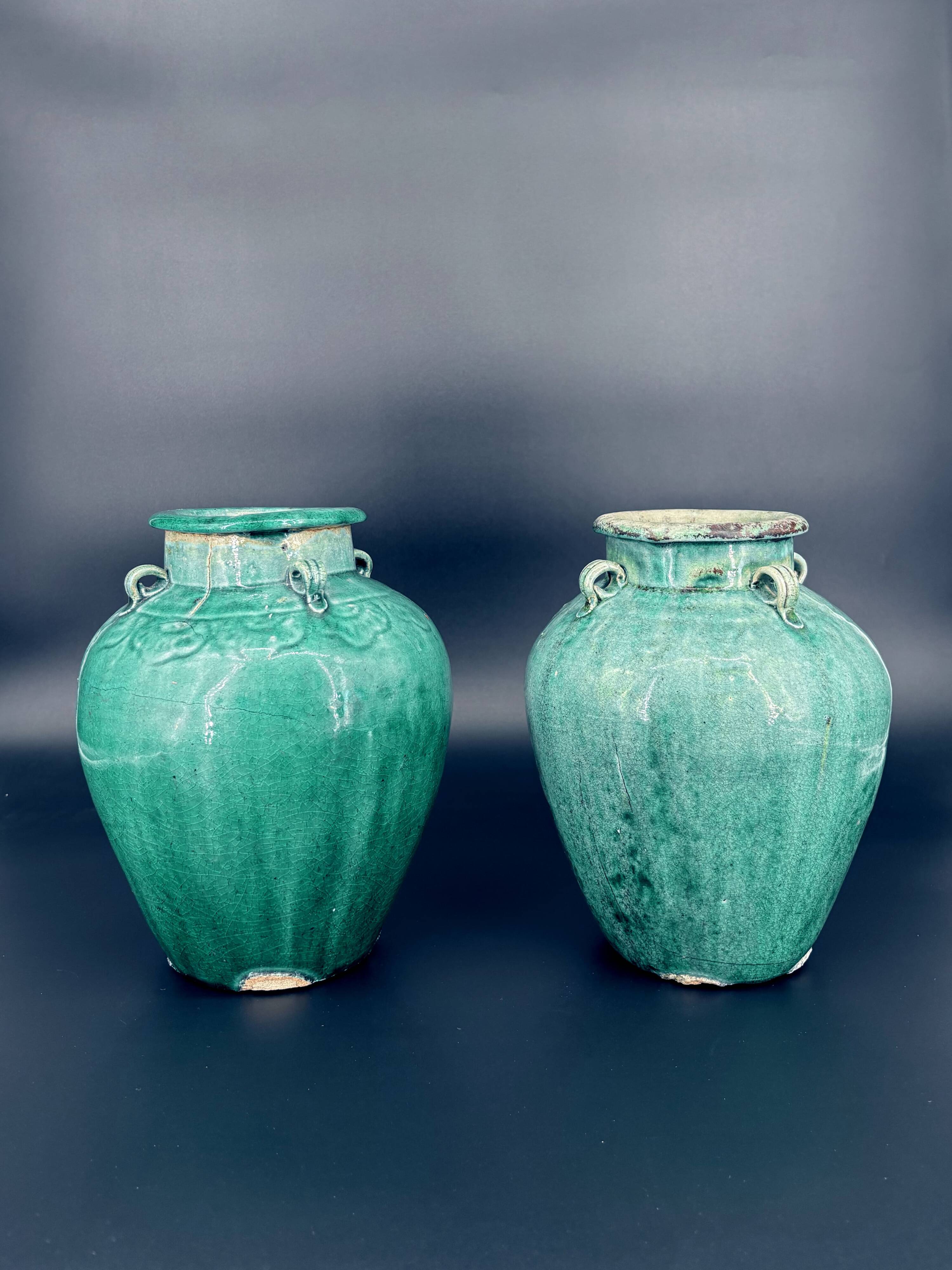 Pair of ancient turquoise glazed stoneware vases, China, late 19th century.