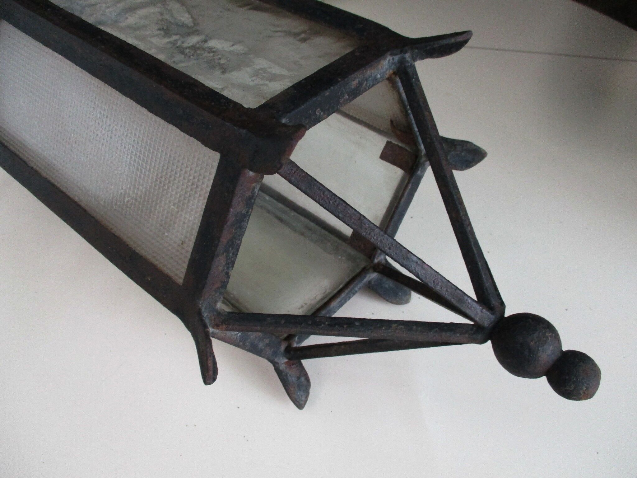 ancient hexagonal wrought iron lantern, decoration lily flowers- 19th century