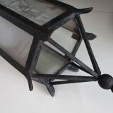ancient hexagonal wrought iron lantern, decoration lily flowers- 19th century