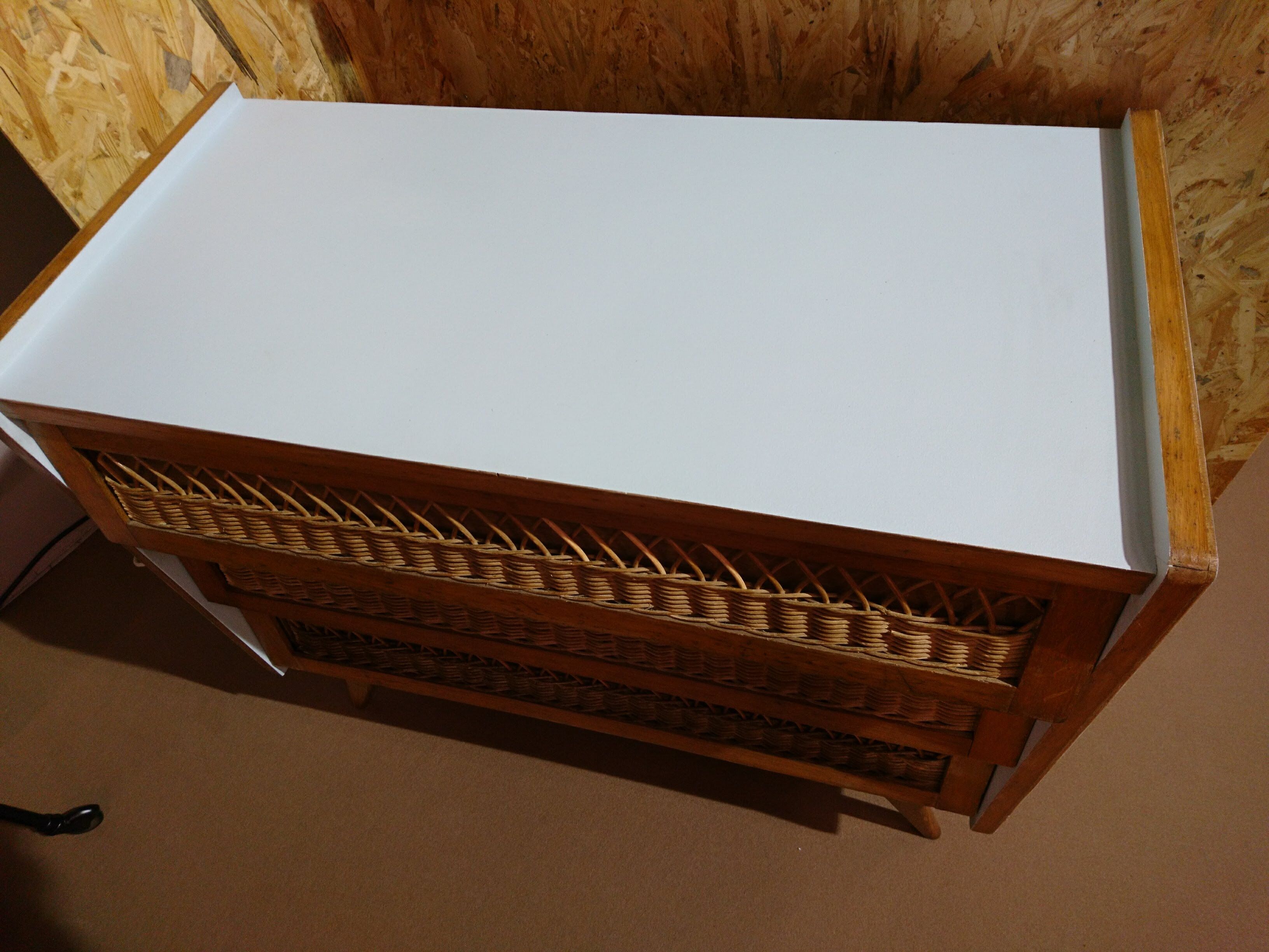 Vintage 70s wood and rattan commode