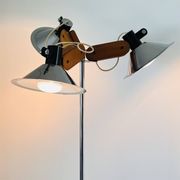Three-light floor lamp in wood and chrome metal, Spain 1970s.