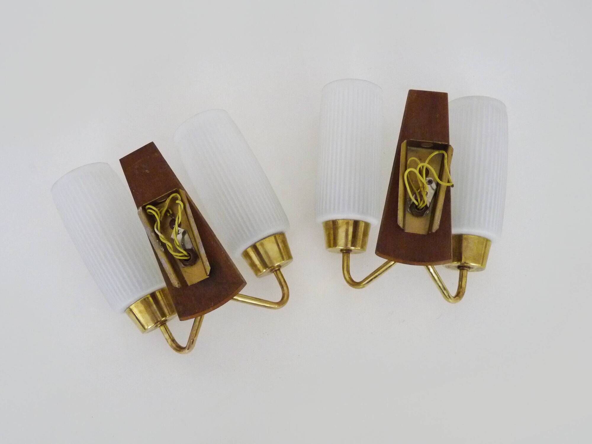 Pair of Scandinavian wall sconces in teak, brass and opaline glass globe