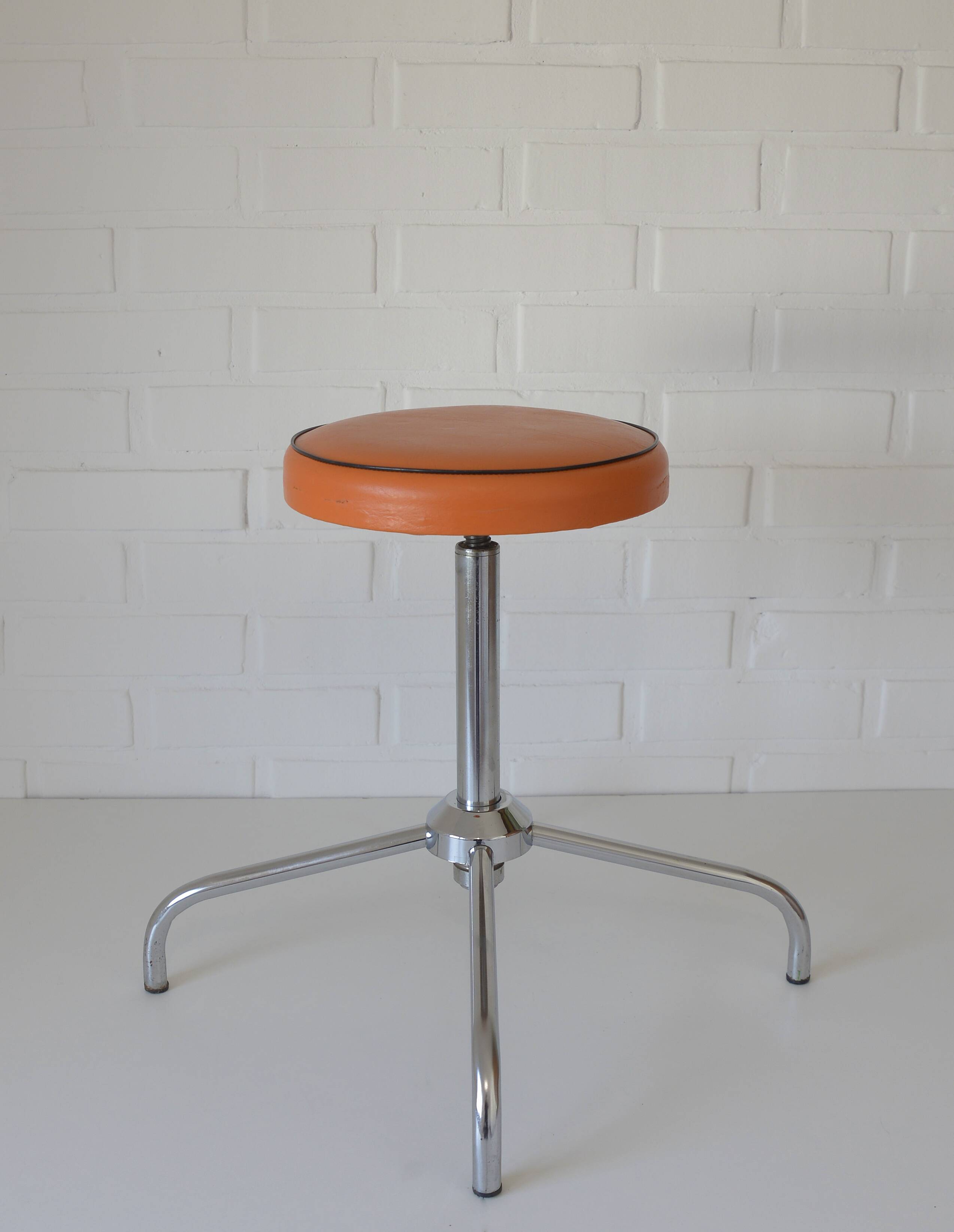 Vintage Orange Adjustable Swivel Vanity Stool Mid Century Modern Style 1970