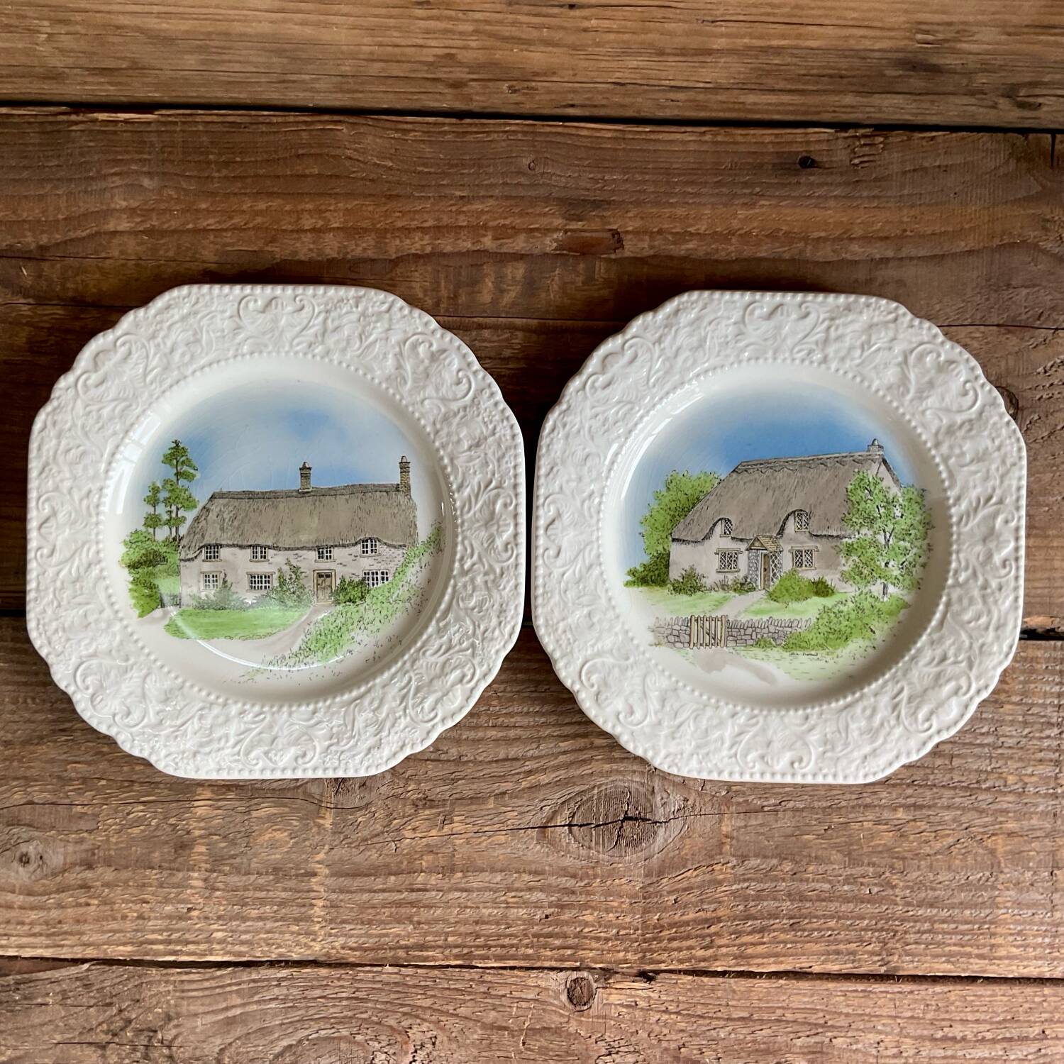 Duo of “country cottages” plates Burleigh Staffordshire England