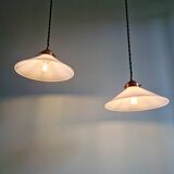 Pair of Art Deco conical white opaline pendants, 1920-30.