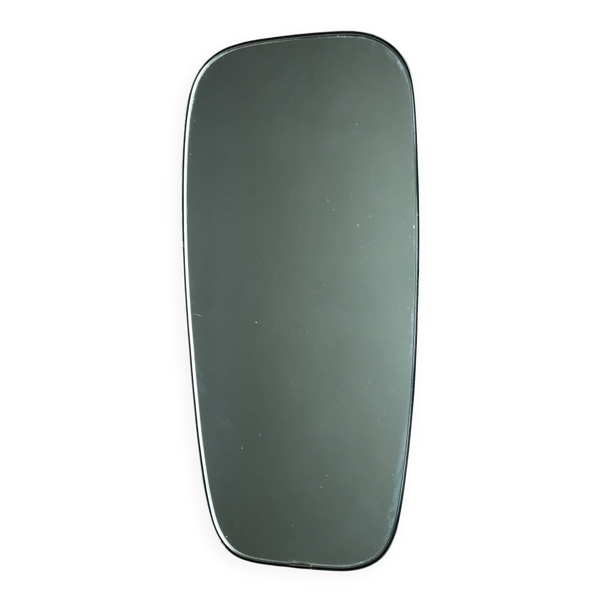 Vintage 1960 free-form mirror known as a retro mirror with a gold and black metal trim.