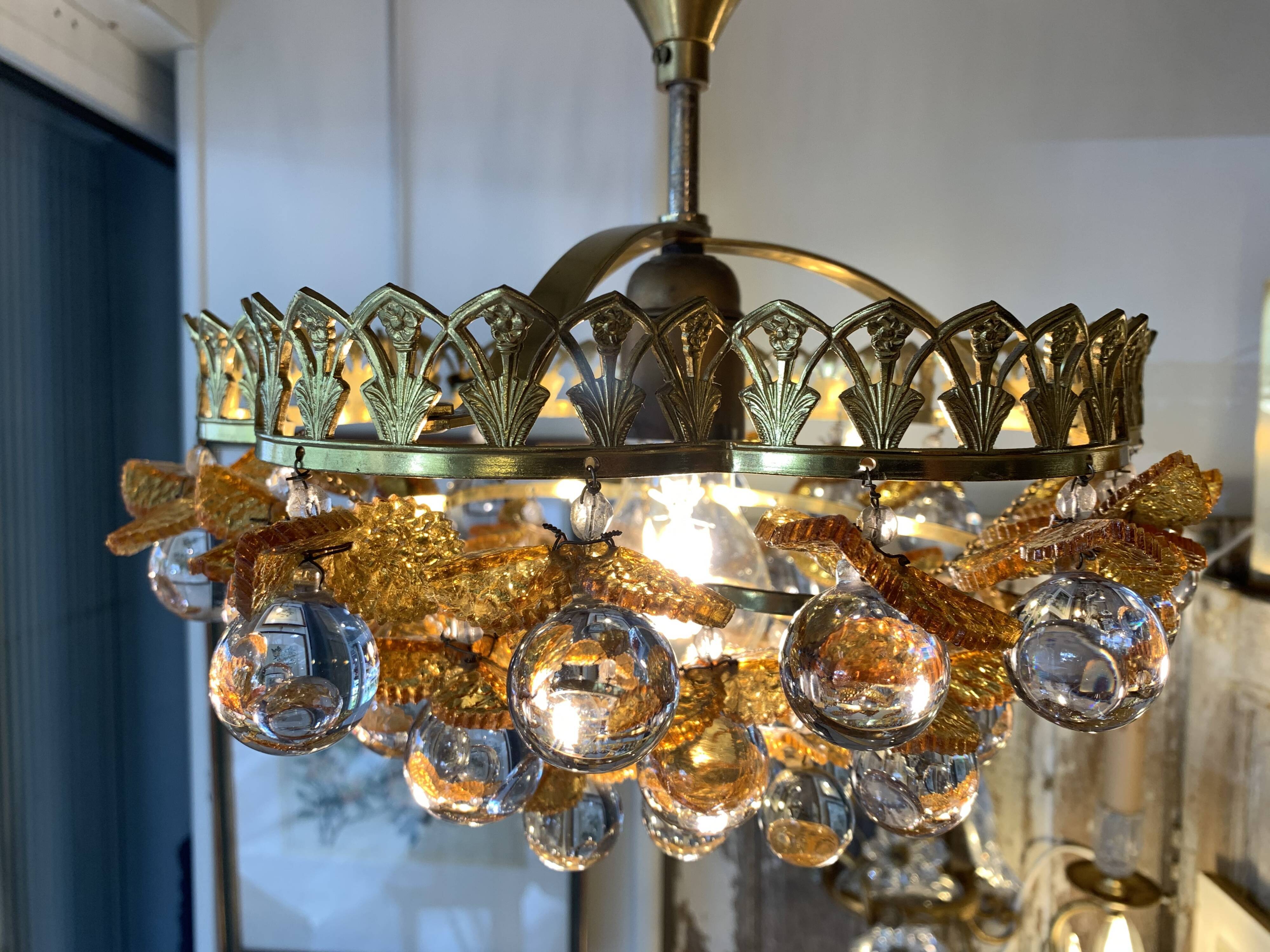 Murano ceiling light yellow flowers and glass balls 1970