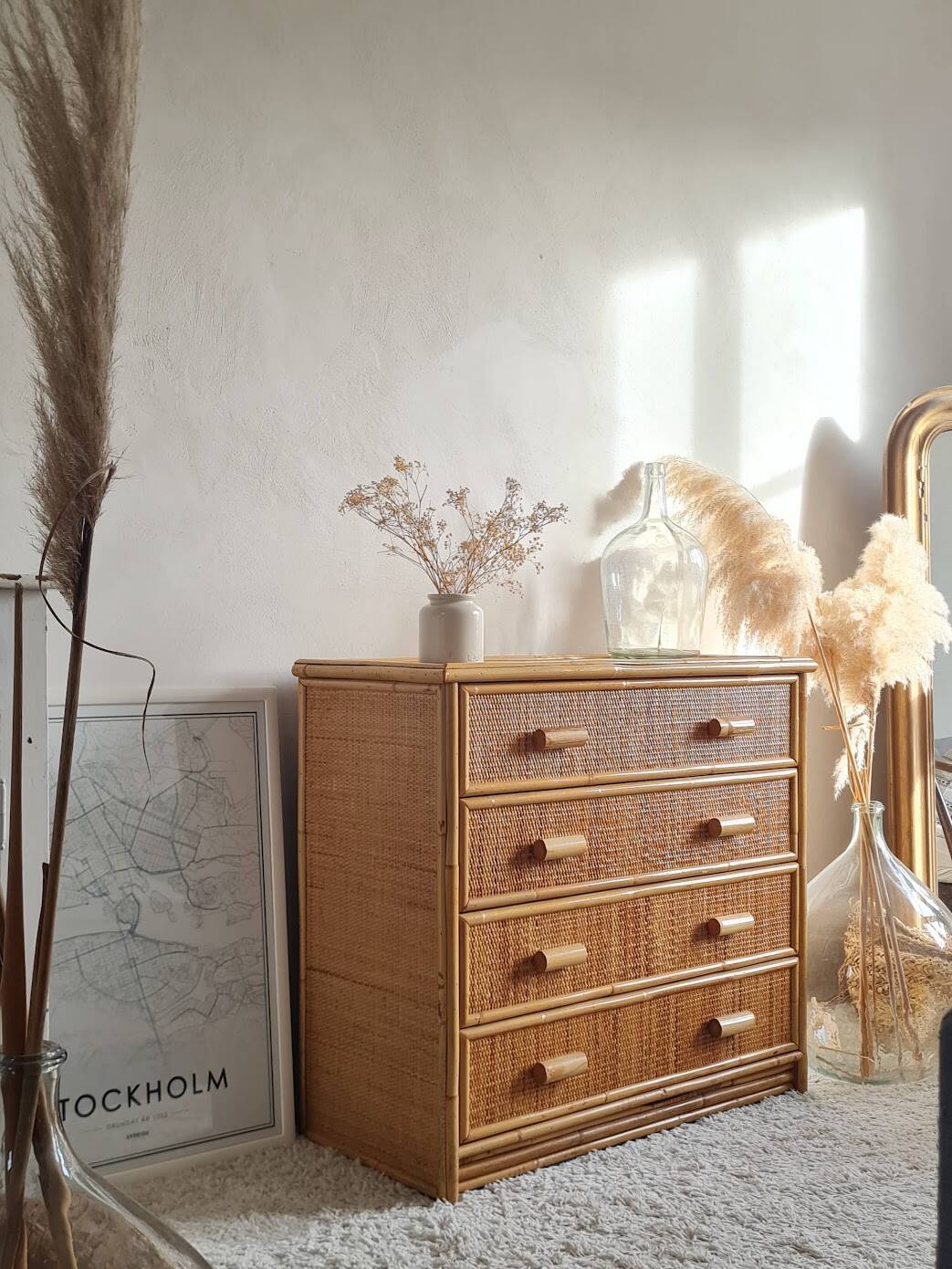 Vintage rattan chest of drawers from the 1970s.