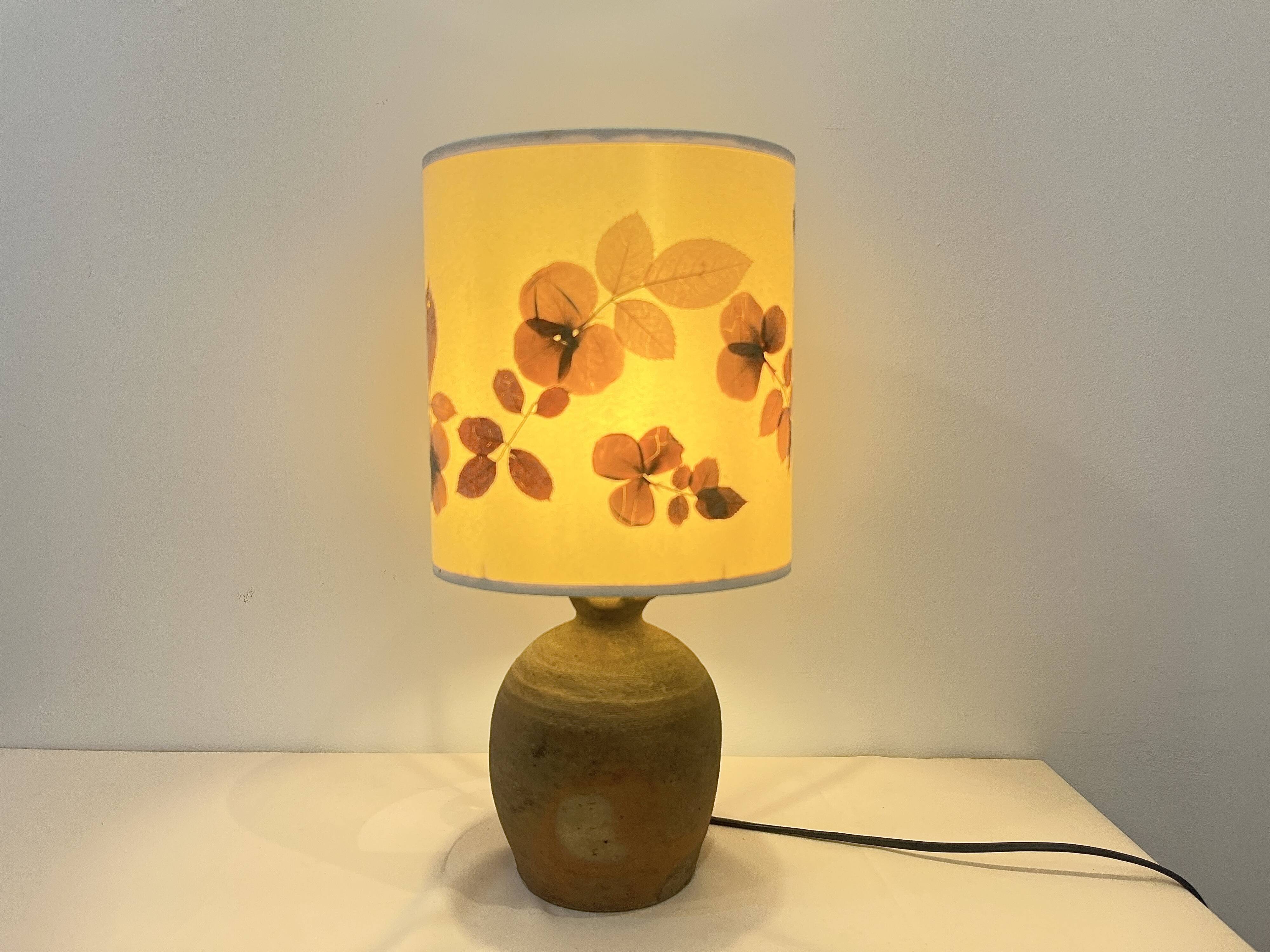 Vintage brutalist stoneware ceramic lamp base with dried flower shade