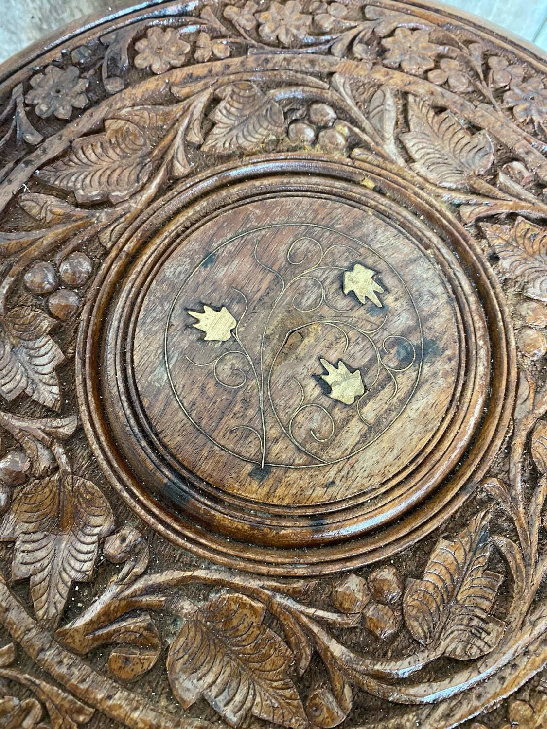 Antique tripod coffee table carved wood & brass inlaid india vintage